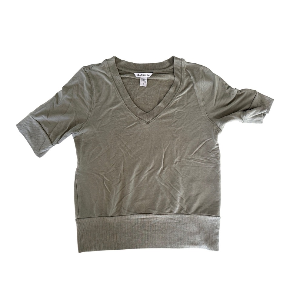 Athleta Women Sage Green V-Neck Short Sleeve Sweatshirt Tencel Modal Small S